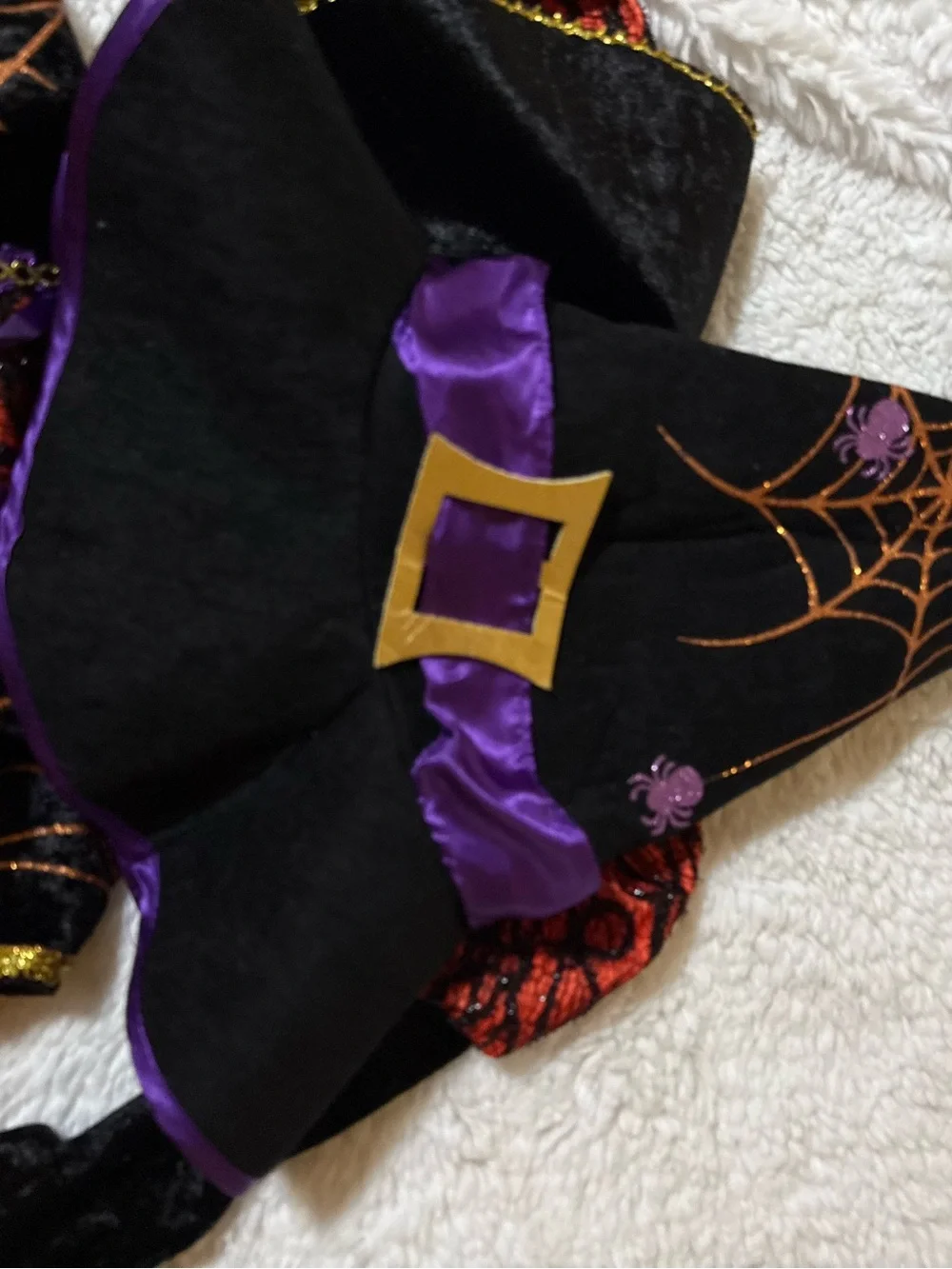 Girls Halloween Spiderweb Witch Costume Dress - Black & Orange with hat.